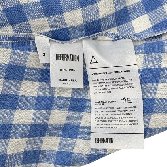 [sold] Reformation Belize Blue White Gingham Plaid Front Knot Linen Mini Dress - Picture 9 of 10